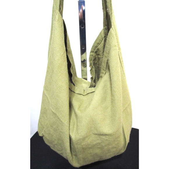 Large Plain Olive Green Linen Crossbody Hobo Bag - Picture 3 of 11